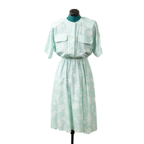 Vintage 80s 90s Light Blue Floral Dress Short Sleeve Size 14 - Picture 1 of 3